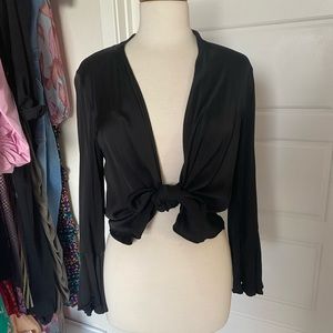 Zara black satin ruffle sleeve top